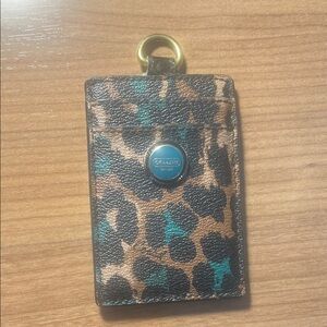 Coach Leopard Print Key & Card Holder in Brown, Black & Teal
